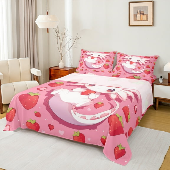 Manfei Ocean Animal Axolotl Twin Sheet Sets,Pink Salamander Twin Fitted SheetRed Starwberry Flat Sheet For Girls Boys,Luxury Bedroom Decor,3 Pieces