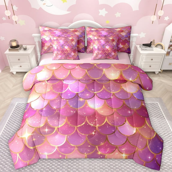 Manfei Ocean Animal Mermaid 7pcs Bedding Comforter Set,Fairy Tale Princess Queen Bedding Sets,Gold Pink Purple Queen Sheet Sets For Girls Teens,Luxury Bedroom Decor Reversible