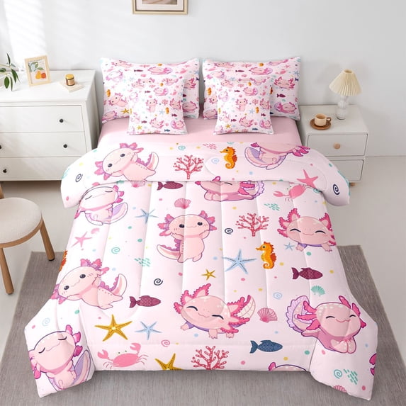 Manfei Ocean Animal Print Full Size Bedding Sets,Sweet Axolotl Full Size Bed in a Bag For Girls,Pink Light,Pink Reversible,7pcs