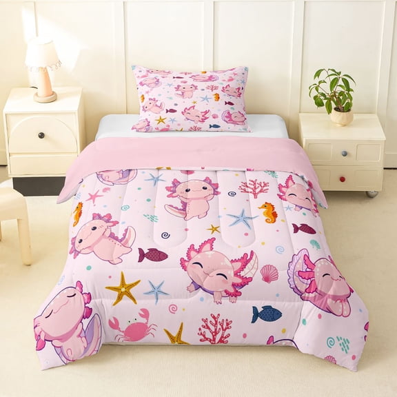 Manfei Ocean Animal Print Twin Comforter Sets,Sweet Axolotl Bedding Set For Girls,Pink Light,Pink Reversible,2 Pieces,1 Comforter and 1 Pillowcase
