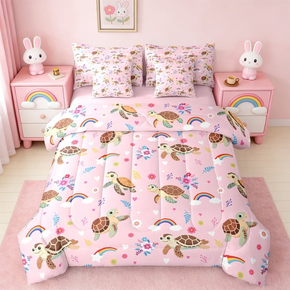 Manfei Ocean Animal Turtle 7-Piece Twin Bedding Sets,Girl Flower Floral Bedding Comforter Set,Cartoon Rainbow Clouds Sheet Sets For Princess Bedding Comforter Set,Microfiber Bedroom Decor Reversible