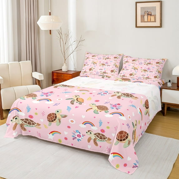 Manfei Ocean Animal Turtle Full Size Sheets,Girl Flower Floral Bed Sheets,Cartoon Rainbow Clouds Sheet Sets For Princess Bed Sheets,Microfiber Bedroom Decor,4-Piece