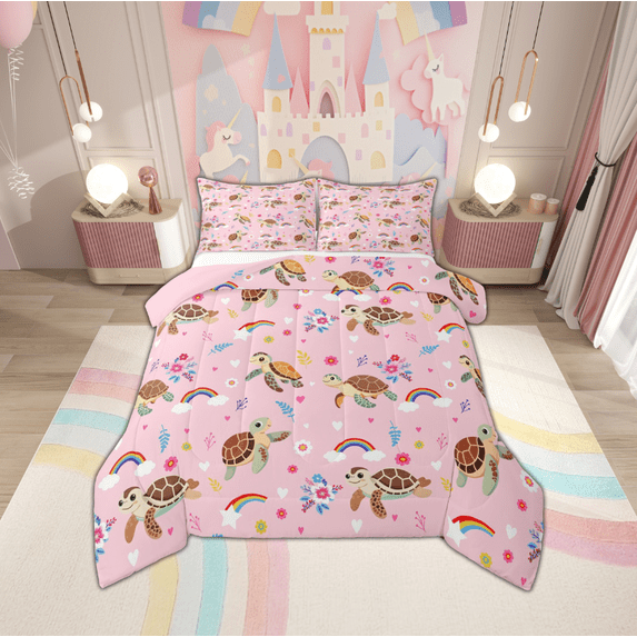 Manfei Ocean Animal Turtle Queen Size,Girl Flower Floral Sets,Cartoon Rainbow Clouds Bedding Comforter Set For Princess,Microfiber Bedroom Decor Reversible,3 Pieces