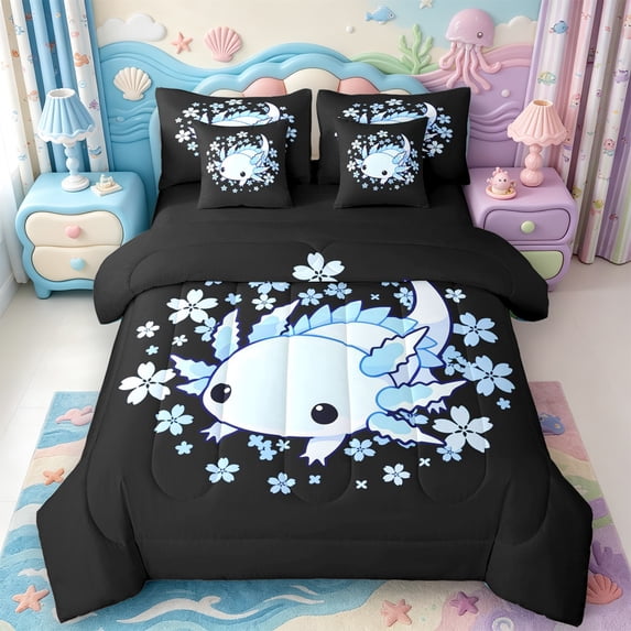 Manfei Ocean Axolotl 7-Piece Twin Bedding,Magical Amphibian Bedding Comforter Set,Black Reversible