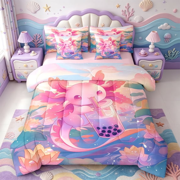 Manfei Ocean Axolotl 7 Pieces Full Size Bedding Sets,Sealife Salamander Full Size Bed in a Bag,Pink Reversible