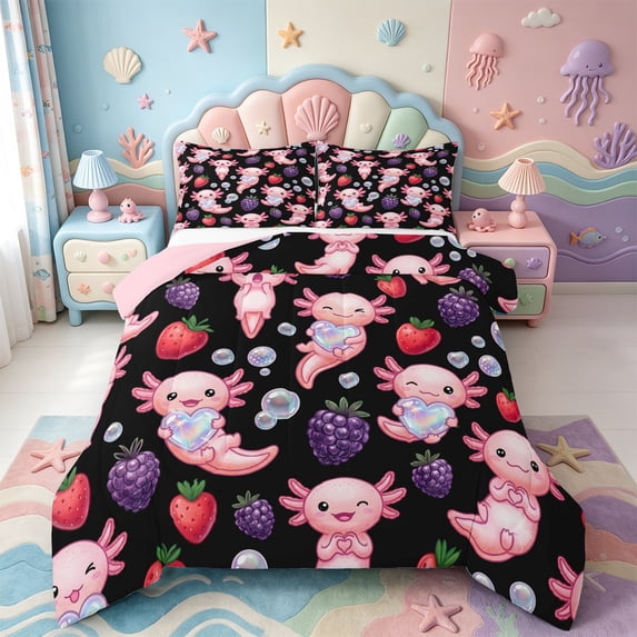 Manfei Ocean Axolotl Full Size Comforter Sets,Cartoon Salamander Bedding Comforter Set,Pink Reversible,3-Piece,1 Comforter and 2 Pillowcases