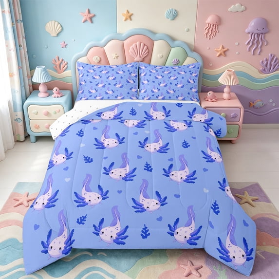 Manfei Ocean Axolotl Full Size Comforter Sets,Underwater Amphibian Bedding Comforter Set,Reversible,3-Piece,1 Comforter and 2 Pillowcases
