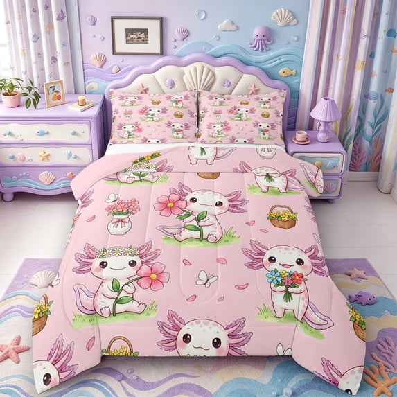Manfei Ocean Axolotl Queen Comforter Set,Adorable Salamander Comforter Sets Queen,Pink Reversible,3-Piece,1 Comforter and 2 Pillowcases