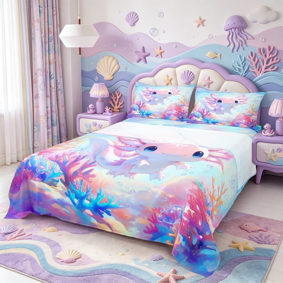 Manfei Ocean Axolotl Queen Sheets,Colorful Amphibian Queen Sheet Sets,4pcs,1 Flat Sheet,1 Fitted Sheet and 2 Pillowcases