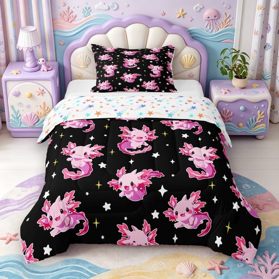 Manfei Ocean Axolotl Twin Comforter Sets,Watercolor Amphibian Bedding Set,Colorful Stars Reversible,2pcs,1 Comforter and 1 Pillowcase