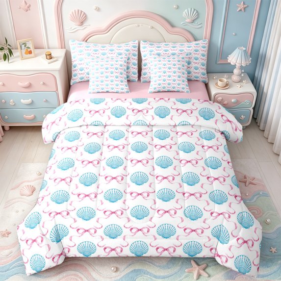 Manfei Ocean Cartoon Shell 7-Piece Twin Bedding,Pink Bowknot Bedding Comforter Set,Pink Reversible