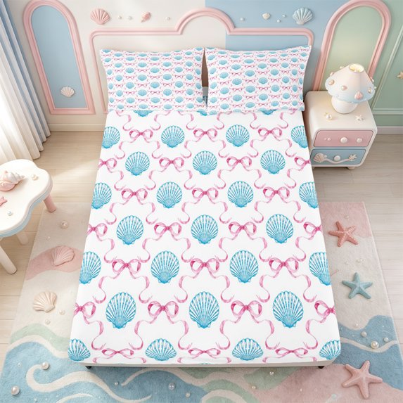 Manfei Ocean Cartoon Shell Fitted Sheet Full,Pink Bowknot Bed Set,3pcs,1 Fitted Sheet and 2 Pillowcases