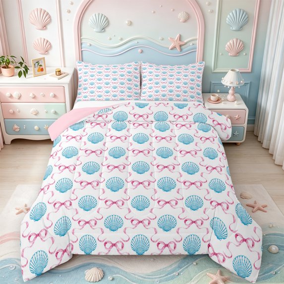 Manfei Ocean Cartoon Shell Full Size Comforter Sets,Pink Bowknot Bedding Comforter Set,Pink Reversible,3pcs,1 Comforter and 2 Pillowcases