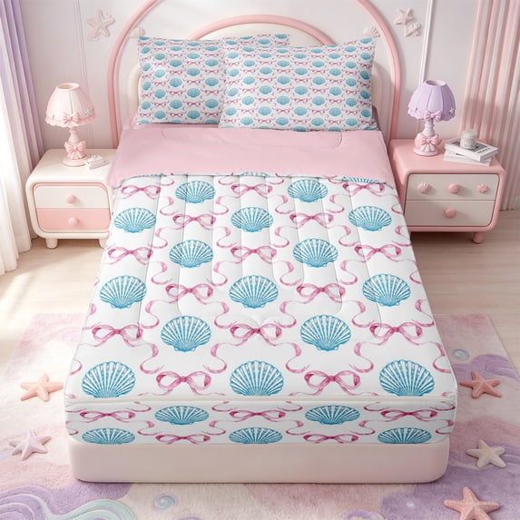 Manfei Ocean Cartoon Shell Zipper Twin Comforter Sets with Fitted Sheet and 2 Pillowcases,Pink Bowknot Zipper Bedding Set,Pink Reversible,4 Pieces
