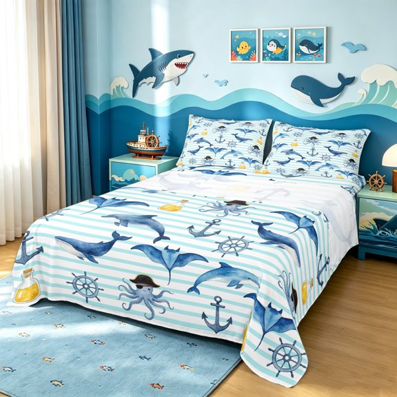 Manfei Ocean Dolphin Queen Sheets, Nautical Rudder Anchor Queen Sheet Sets, Blue, 4 Pieces, 1 Flat Sheet, 1 Fitted Sheet and 2 Pillowcases