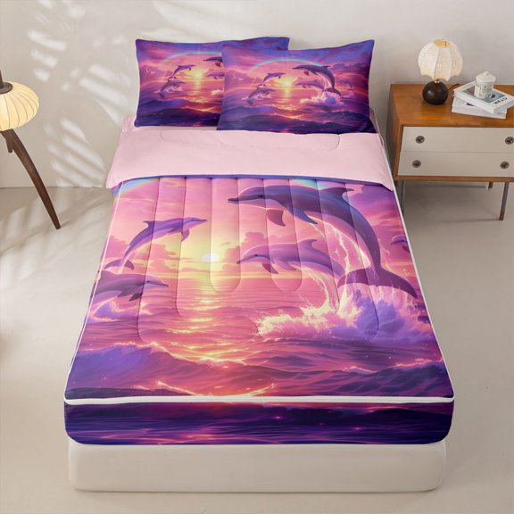 Manfei Ocean Dolphin Rainbow Sunset Zipper Twin Comforter Sets with Fitted Sheet and 2 Pillowcases for Kids Boys and Girls, Romantic Coastal Print Zipper Bedding Set, Pink Reversible, 4 Pieces
