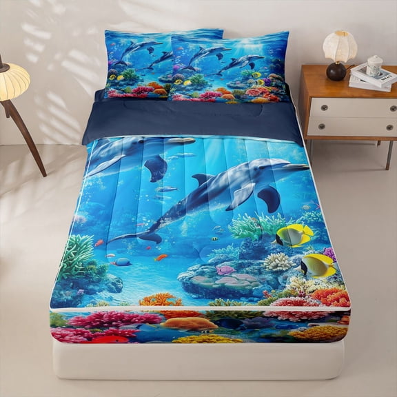 Manfei Ocean Dolphin Zipper Twin Comforter Sets with Fitted Sheet and 2 Pillowcases for Kids Boys and Girls, Sea Animal Coral Zipper Bedding Set, Navy Reversible, 4pcs