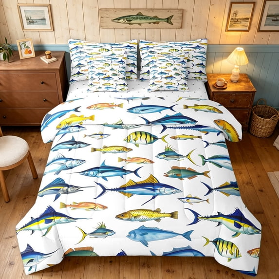 Manfei Ocean Game Fish King Bedding, Sea Wildlife King Bed in a Bag, White Blue, Reversible, 7pcs