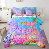 Manfei Ocean Mermaid 7-Piece Twin Bedding Sets,Colorful Sea Coral Bedding Comforter Set,Gold Glitter Print Sheet Sets For Girls,Luxury Bedroom Decor Reversible