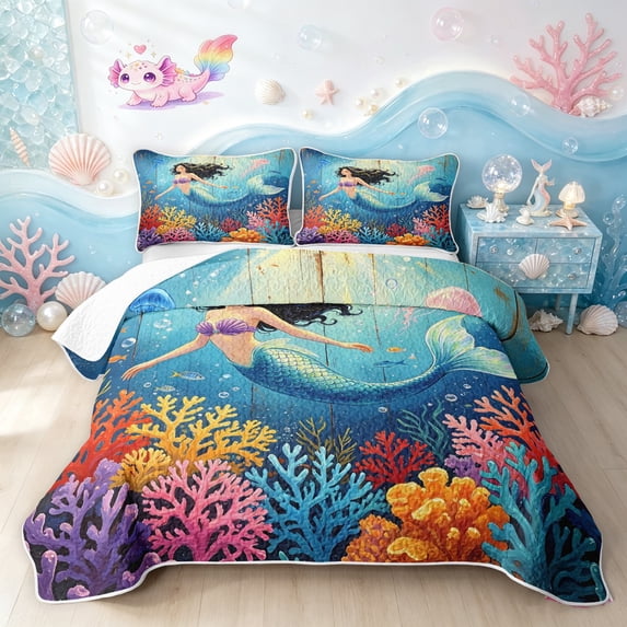 Manfei Ocean Mermaid Bed Spread Queen, Colorful Reef Queen Coverlet Set, Sky Blue, 3 Pieces, 1 Quilt and 2 Pillowcases