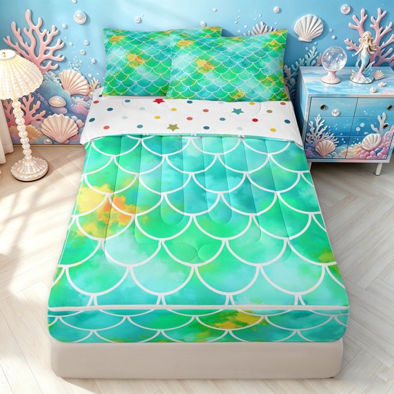 Manfei Ocean Mermaid Zipper Full Size Comforter Sets with Fitted Sheet and 2 Pillowcases, Ink Scale Blot Zipper Bedding Set, Teal Green, Polkadot Reversible, 4pcs