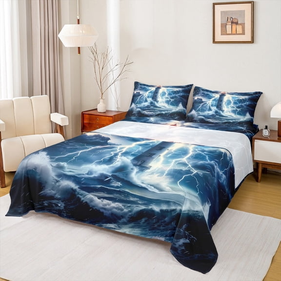 Manfei Ocean Nautical Theme Bed Sheets,Lighthouse King Sheets,Lightning Cloud Sheet Set,Microfiber Room Decoration,4pcs