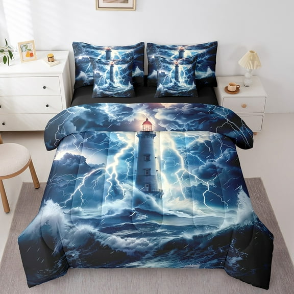 Manfei Ocean Nautical Theme Bedding Comforter Set 7pcs,Lighthouse King Bedding Sets,Lightning Cloud Bed Sheets,Microfiber Room Decoration Reversible