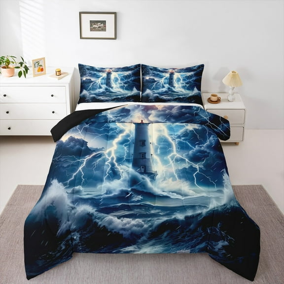 Manfei Ocean Nautical Theme Queen Comforter Set,Lighthouse Bedding Sets,Lightning Cloud Bedding Comforter Set,Microfiber Room Decoration Reversible,3 Pieces