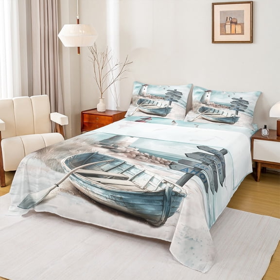 Manfei Ocean Sea Beach Bed Sheets Twin,Retro Ship Bedding Sets Twin Size,Seagull Sheet Set Twin,Breathable Room Decoration,4 Pieces