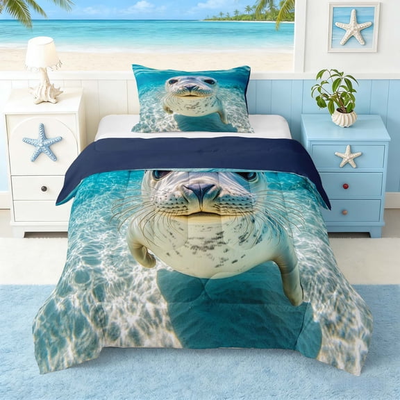 Manfei Ocean Seal Twin Comforter Sets for Kids Boys and Girls, Cute Animal Bedding Set, Navy Reversible 2 Pieces, 1 Comforter and 1 Pillowcase