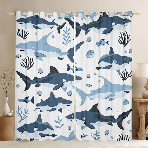 Manfei Ocean Shark Blackout Curtains, Kawaii Sealife Lover Window Curtains Pack of 2 (38x45 Each), Navy Blue