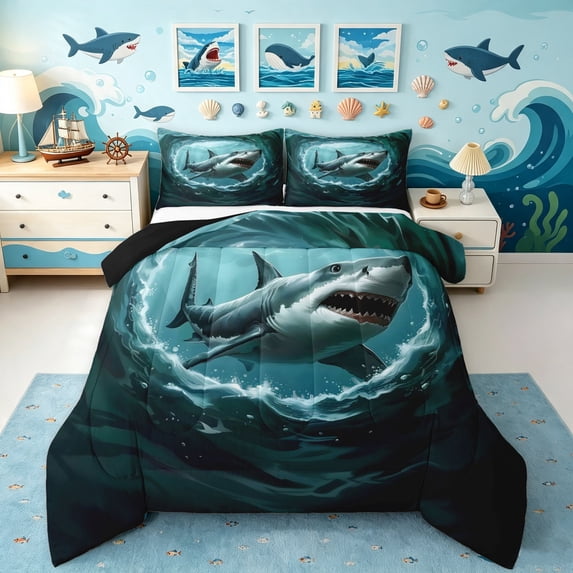 Manfei Ocean Shark Full Size Comforter Sets, Mystic Sea Animal Bedding Comforter Set, Teal Green, Black Reversible, 3-Piece, 1 Comforter and 2 Pillowcases