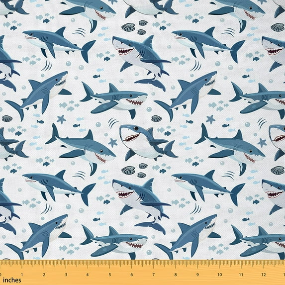 Manfei Ocean Shark Sewing & Crafting Fabric (2 Yards), Sea Animal Wildlife Home Decor Fabric by the Yard, Marine Fish DIY Fabric