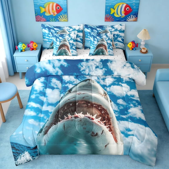 Manfei Ocean Shark Twin Bedding Sets for Kids Boys and Girls, Marine Life Print Bedding Comforter Set, Reversible 7 Pieces