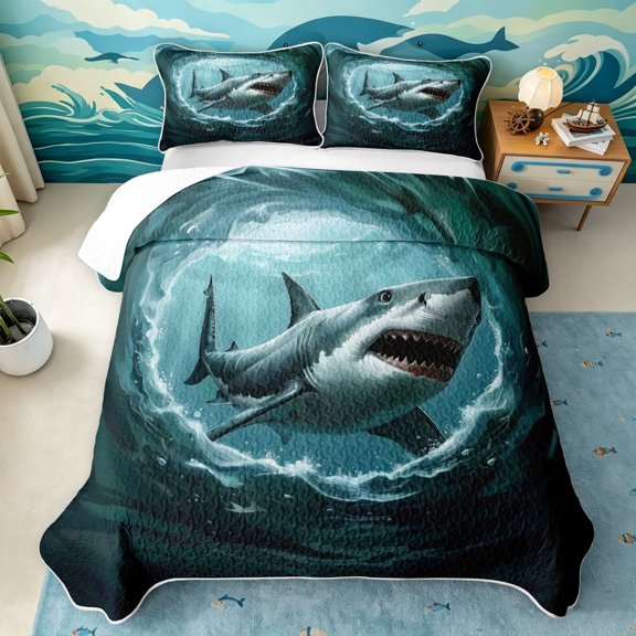 Manfei Ocean Shark Twin Quilt Set, Mystic Sea Animal Twin Coverlet Set, Teal Green, 2-Piece, 1 Bedspread and 1 Pillowcase