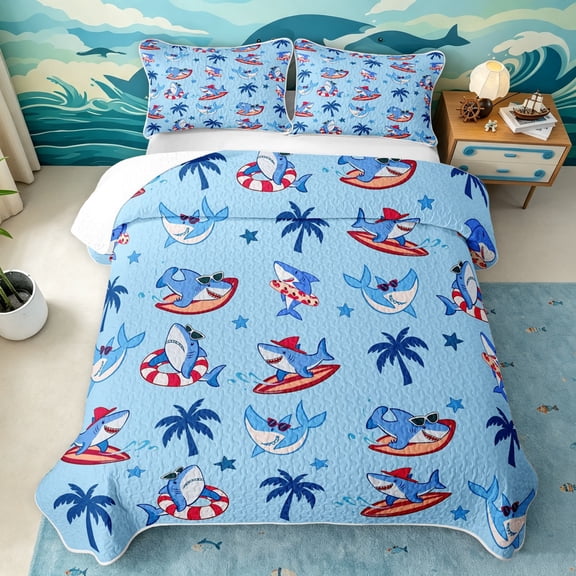 Manfei Ocean Shark Twin Quilt Set, Summer Hawaii Animal Twin Coverlet Set, Light Blue, 2 Pieces, 1 Bedspread and 1 Pillowcase