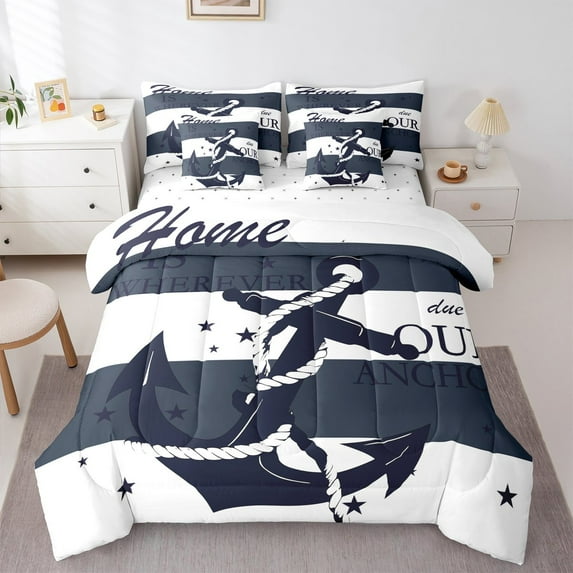 Manfei Ocean Ship Anchor Bedding Comforter Set 7 Pieces,Geometric Stripes Lines Full Bedding Set,White Deepblue Fitted Sheet Flat Sheet For Child,Luxury Bedroom Decor