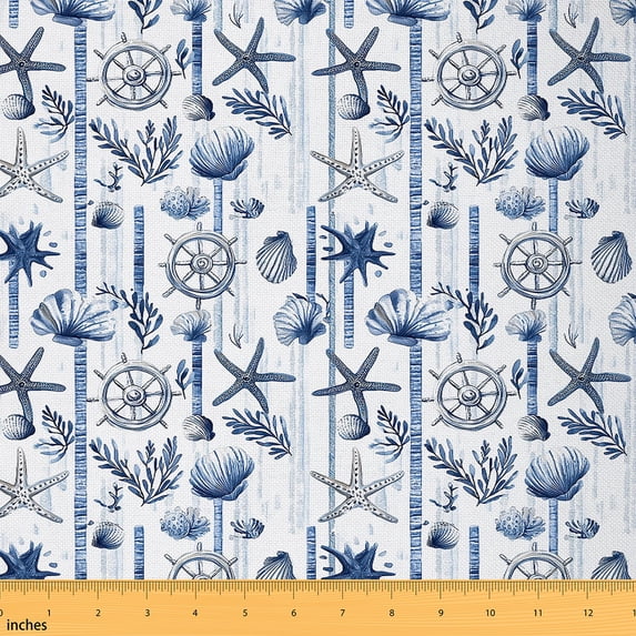 Manfei Ocean Starfish Seashell Sewing & Crafting Fabric (2 Yards), Watercolor Conch Coral Home Decor Fabric by the Yard, Summer Beach DIY Fabric