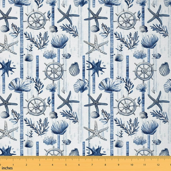 Manfei Ocean Starfish Seashell Sewing & Crafting Fabric (5 Yards), Watercolor Conch Coral Home Decor Fabric by the Yard, Summer Beach DIY Fabric