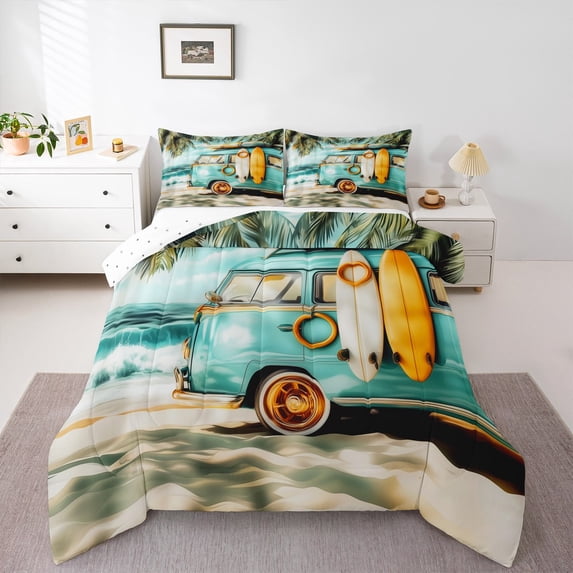 Manfei Ocean Surfing 3-Piece Full Size Comforter Sets,Sea Beach Bedding Comforter Set,Tropical Leaves Bedding Sets,Lightweight Teens Bedroom Decor,Reversible