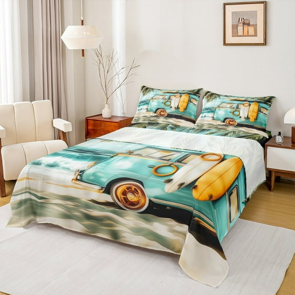 Manfei Ocean Surfing 3pcs Twin Sheet Sets,Sea Beach Twin Fitted Sheet,Tropical Leaves Breathable Flat Sheet,Teens Bedroom Decor