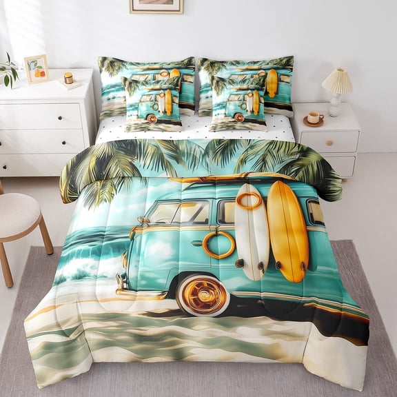 Manfei Ocean Surfing 7-Piece Twin Bedding Sets,Sea Beach Bedding Comforter Set,Tropical Leaves Breathable Sheet Sets,Lightweight Teens Bedroom Decor,Reversible