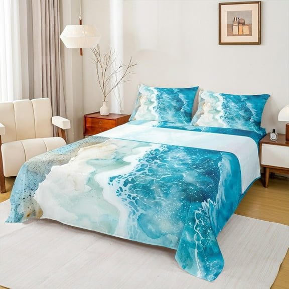 Manfei Ocean Theme Bed Sheets Set Twin Size,Sea Beach Bedding Sets Twin Size,Hawaii Summer Holiday Bed Sheets Twin,Super Cozy Bedroom Decor,3pcs