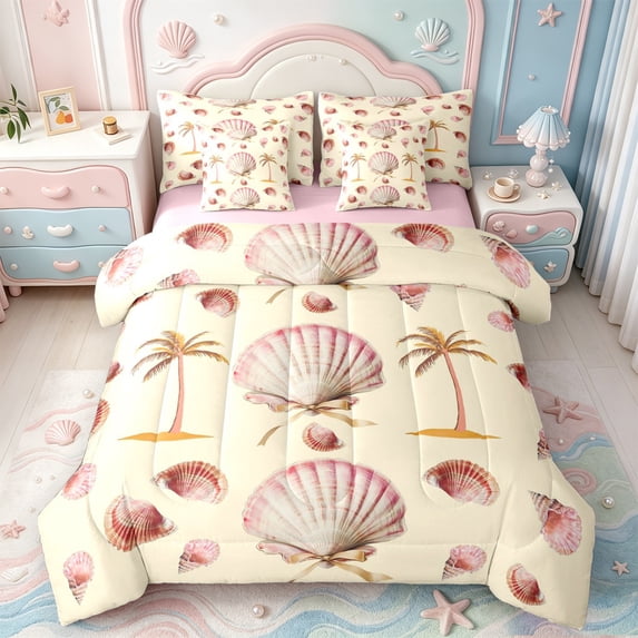 Manfei Ocean Theme Shell 7-Piece Twin Bedding,Hawaii Holiday Coconut Tree Bedding Comforter Set,Pink Reversible