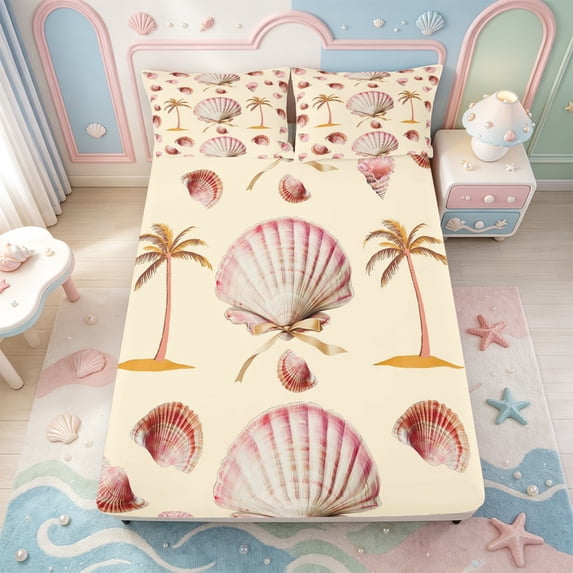 Manfei Ocean Theme Shell Fitted Sheet Full,Hawaii Holiday Coconut Tree Bed Set,3-Piece,1 Fitted Sheet and 2 Pillowcases