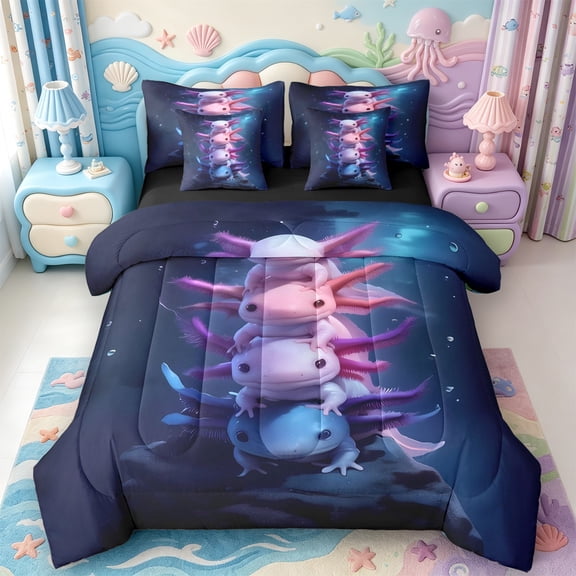 Manfei Ocean Themed Amphibian Axolotl 7-Piece Twin Bedding,Cute Salamander Pattern Bedding Comforter Set,Black Reversible
