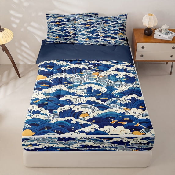 Manfei Ocean Themed Art Zipper Twin Comforter Sets with Fitted Sheet and 2 Pillowcases,Wild Sea Waves Zipper Bedding Set Blue White,Navy Blue Reversible,4pcs