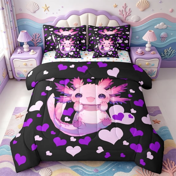 Manfei Ocean-Themed Axolotl 7-Piece Twin Bedding,Watercolor Animals Pattern Bedding Comforter Set,Colorful Stars Reversible