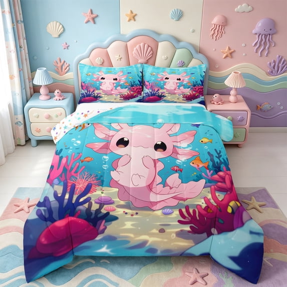 Manfei Ocean-Themed Axolotl Queen Comforter Set,Animals Print Comforter Sets Queen,Colorful Stars Reversible,3pcs,1 Comforter and 2 Pillowcases
