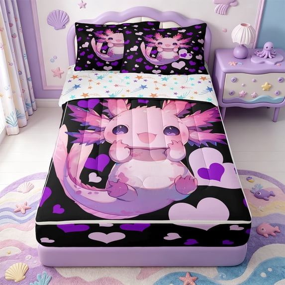 Manfei Ocean-Themed Axolotl Zipper Twin Comforter Sets with Fitted Sheet and 2 Pillowcases,Watercolor Animals Pattern Zipper Bedding Set,Colorful Stars Reversible,4pcs